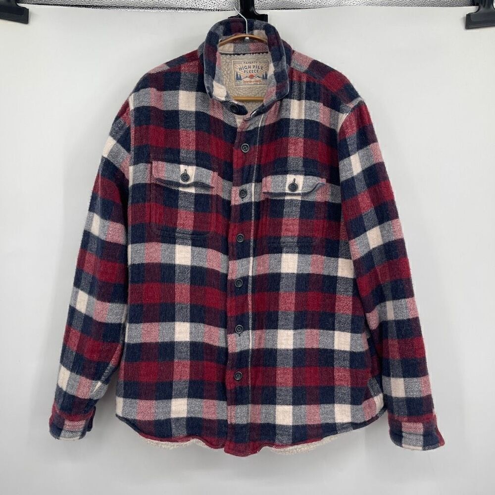 Faherty Red Cream Blue Plaid Cotton Wool High Pile Fleece Jacket Size Large
